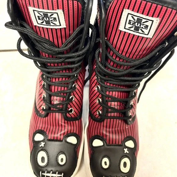 Bad Teddy Bear Lace Up ox Blood Red Black Striped boots/shoes
